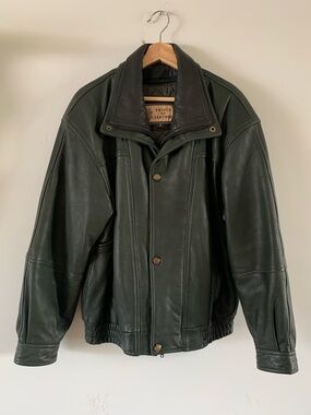 Vintage Dark Green Leather Bomber Jacket